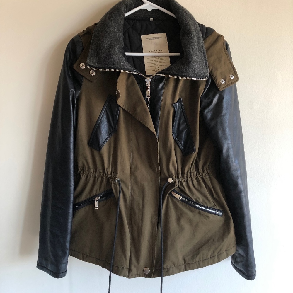 Zara Military Green Jacket with Leather Details